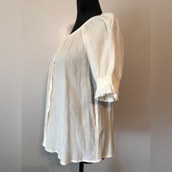 Madewell Short Puff Sleeve Off White Round Neck Button Down Top Size M - Picture 3 of 6